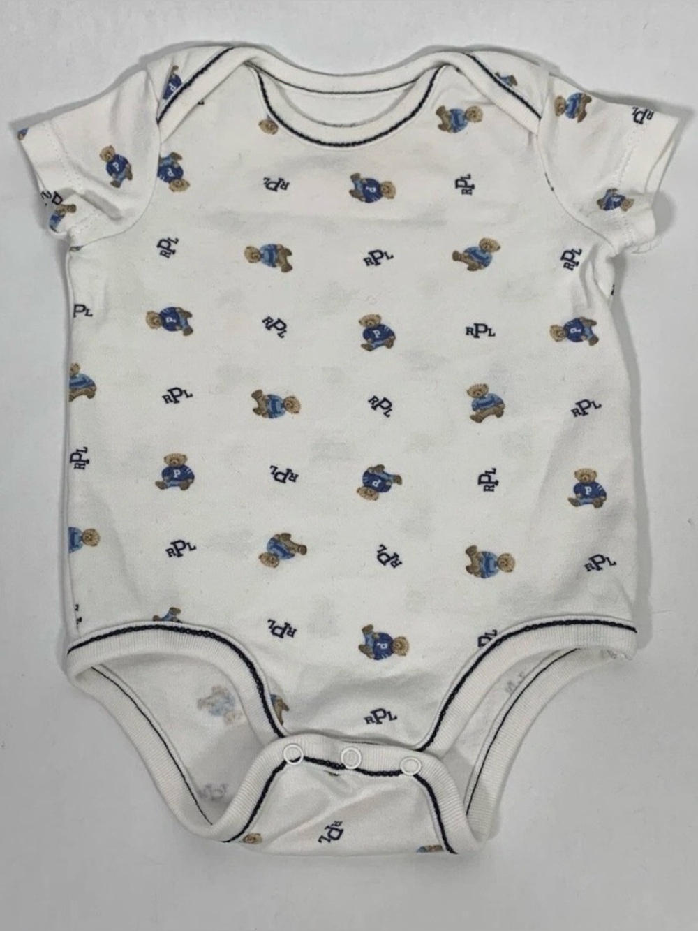 Ralph Lauren White Baby Bodysuit with Blue Polo Bear Print 3 months